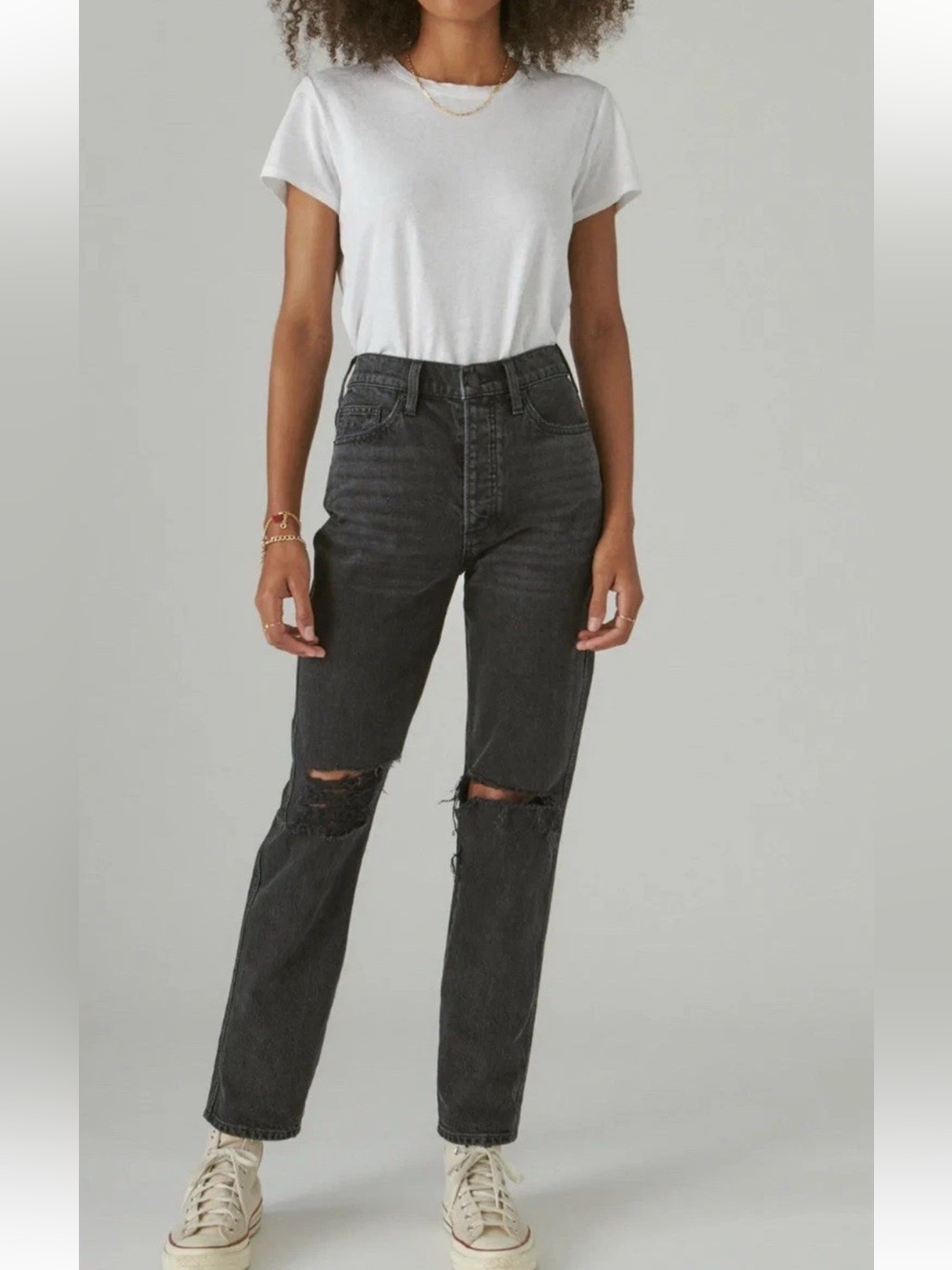 Lucky Brand NWT ANKLE 4/27 High-Rise Taper Black Distressed DREW MOM $129 Jeans